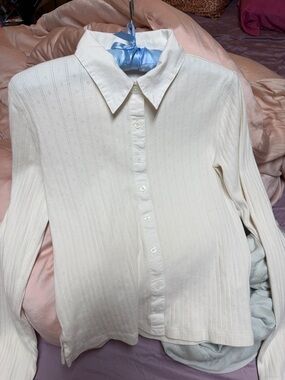 Cream cotton Pointelle-Knit Cardigan Top M